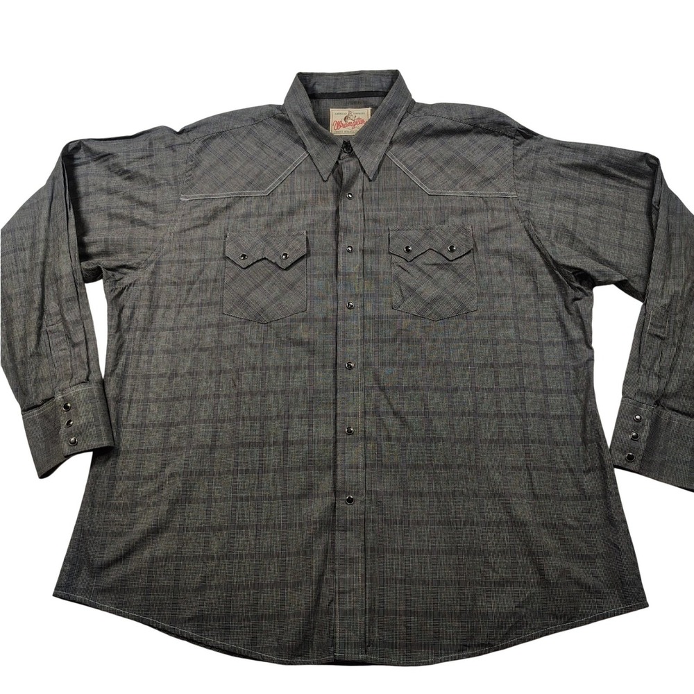 Wrangler Mens Western Snap Shirt Charcoal‎ Grey Plaid Long Sleeve 2XL